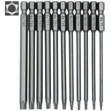 Set di 11 punte Torx lunghe per cacciaviti e trapani elettrici - Punte magnetiche - Attacco esagonale da 1/4" - Misure da T6 a T40 - Lunghezza 100 mm