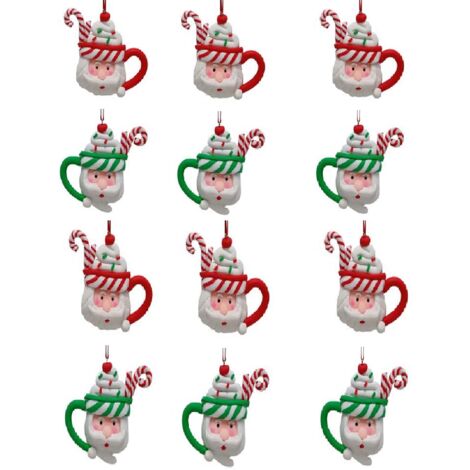 Set di 12 Appendini per Albero di Natale Babbo Natale con Bastoncino Candy rosso e verde addobbi decorazioni