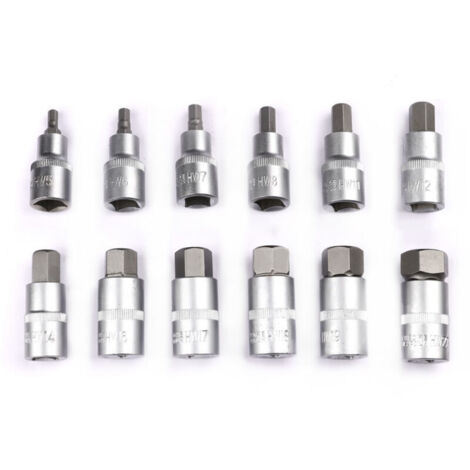Set di 12 bussole Allen da 1/2", a 6 punte, 5, 6, 7, 8, 10, 12, 14, 16, 17, 18, 19, 22 mm, con custodia in plastica, set di bussole Allen da 1/2" per