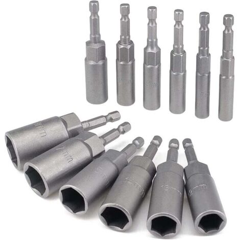 Set di 12 bussole profonde da 6-19 mm, punte per cacciavite con gambo esagonale da 1/4", avvitatore a impulsi a lunga portata, estrattore per bulloni, bussole per utensili elettrici a cambio rapido