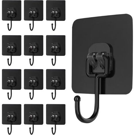 Set di 12 ganci adesivi neri, portata massima 20 kg, per fissaggio a parete, realizzati in acciaio inox, ultra resistenti, impermeabili e non aloni, adatti per cucina, bagno e ufficio.