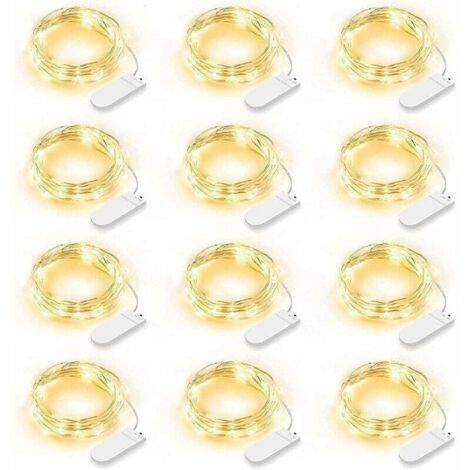 Set di 12 luci a LED, 2 m a batteria, 20 luci a LED, IP65, impermeabili, decorazione a LED per camera da letto, Natale, matrimonio, festa, giardino, bianco caldo (bianco caldo)