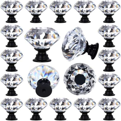 Set di 12 maniglie decorative per cassetti in cristallo trasparente a forma di diamante per cucina, cassettiera, 30 mm (1-1/4"), base nera