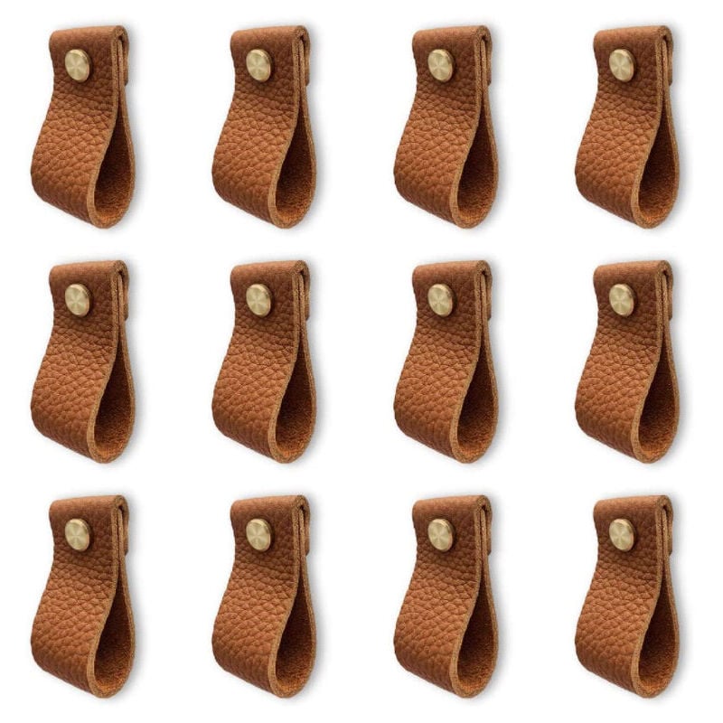 Image of Set di 12 maniglie per mobili in pelle, maniglia per porta con dadi a vite, pomello anticollisione per porta di cassettiere e cassettiere (marrone a