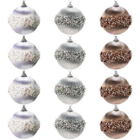 Set di 12 palline infrangibili per albero di Natale, bianche, argento e champagne, 8 cm.