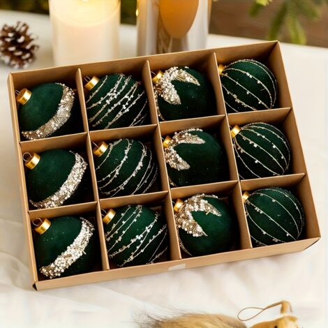 Set di 12 palline natalizie, 6 cm di diametro, decorate con strass e velluto, per abbellire il tuo albero di Natale e la tua casa.