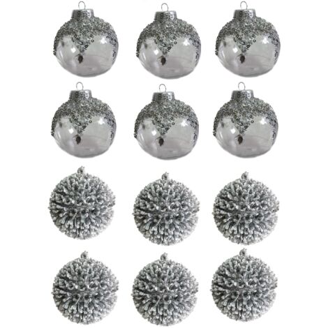 Set di 12 Palline Trasparenti e Argento Glitterate H8 cm  Decorazione per Albero di natale