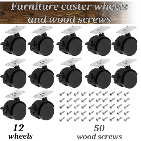 Set di 12 ruote doppie per mobili Ø40, girevoli a 360° con freno + 50 viti per legno Ø4x16 mm e piastra di montaggio 38x38 mm  capacità di carico 25 kg