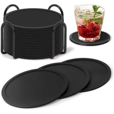 Set di 12 sottobicchieri rotondi in silicone antiscivolo e isolanti, neri, con supporti portaoggetti, adatti a tutti i tipi di bicchieri.