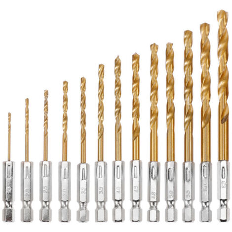 Set di 13 punte da trapano in titanio da 1/4 di pollice, set di punte da trapano con gambo esagonale in acciaio ad alta velocità, set di punte da trapano a cambio rapido per metallo, legno, plastica e