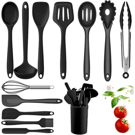 Set di 13 utensili da cucina in silicone, senza BPA, antiaderenti, antigraffio, compatibili con tutti i tipi di pentole e padelle - Nero