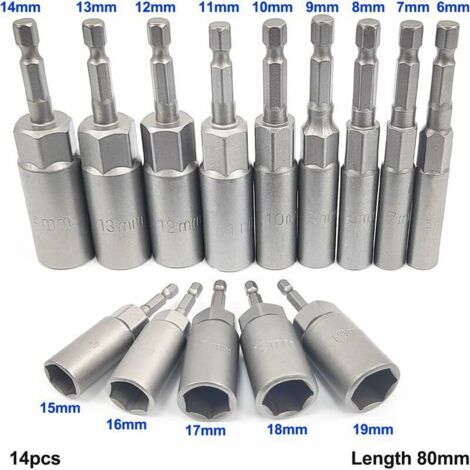 Set di 14 bussole profonde, adattatore esagonale da 6-19 mm, profondità di taglio 34 mm, bussola esagonale per cacciavite, avvitatore a impulsi, chiave a bussola