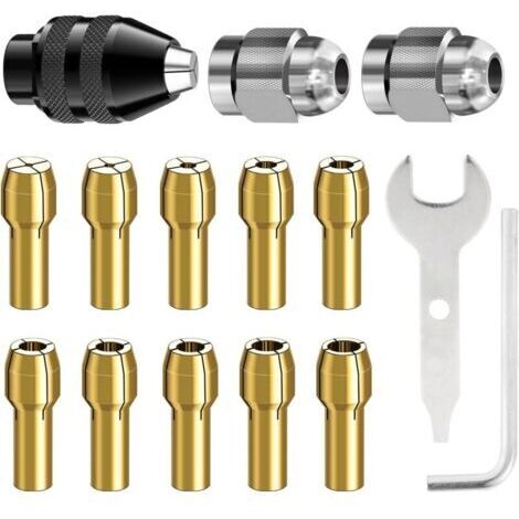 Set di 15 pinze per trapano Dremel, mandrino a cambio rapido da 1/32" a 1/8", modello 4486, con pinza di ricambio in ottone 4485 e dado in metallo.