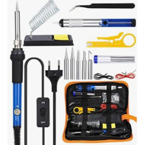 Set di 15 saldatori, utensili per saldatura elettrica da 60 W con 5 punte intercambiabili, multimetro digitale, supporto per saldatore, borsa portautensili