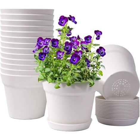 Set di 15 vasi da fiori in plastica da 15 cm (6 pollici) con fori di drenaggio multipli e sottovasi, adatti a tutti i fiori e le piante grasse da giardino (bianchi).