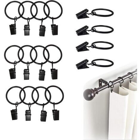 Set di 16 anelli per tende con clip - Metallo - Diametro interno: 35 mm - Con clip per tende, tende per porte e tende da doccia - Nero