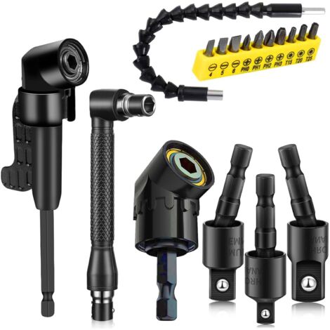 Set di 17 prolunghe flessibili per punte da trapano ad angolo retto da 105 gradi, rotazione a 360°, adattatore per bussola a impatto, punte angolate a 90°, punte di prolunga per albero Super Bit