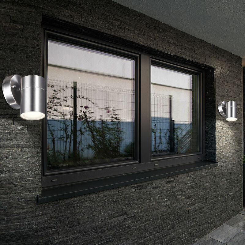 Image of Set di 2 lampade da parete a led in acciaio inox faretti in basso per facciate illuminazione esterna luci per porte di casa argento