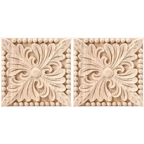 Set di 2 applique in legno intagliato, decalcomania con scultura quadrata, motivo floreale non verniciato, decorazione per mobili, ante e armadi, 3,94 x pollici