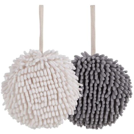 Set di 2 asciugamani Fuzzy Ball bianchi e grigi: asciuga le tue mani all'istante e comodamente con questo creativo set di asciugamani da bagno. Asciugamani decorativi per il bagno, confezione da 2.