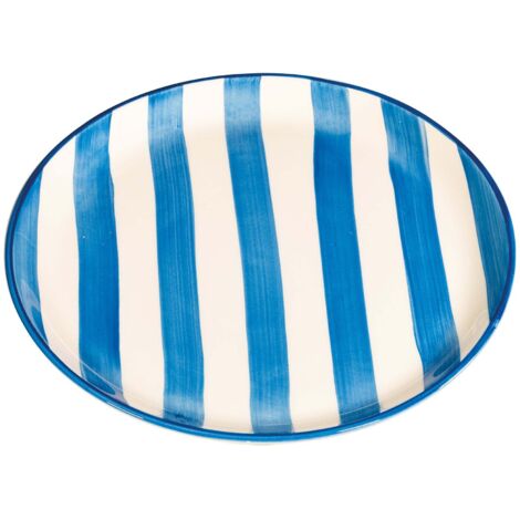 Set di 2 Assiettes Plates Artisanales Rayures Bleu Azur Diamètre 28 cm, Fabriqué en Italie, Design Élégant et Contemporain pour Service Exclusif