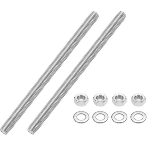Set di 2 barre filettate in acciaio inox M10 x 180 mm con dadi e rondelle piatte, completamente filettate per morsetti, staffe e bulloni a U.