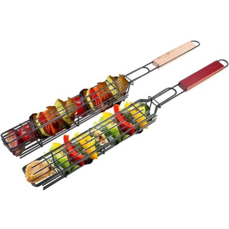Set di 2 cestelli per barbecue, griglia con manico in legno per kebab, salsicce, verdure, pesce, gamberi, 49 x 4,7 cm