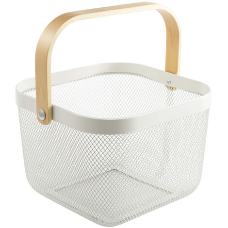 Set di 2 cestini decorativi in rete metallica con manici in legno per cucina e bagno, bianchi, 25 x 25 x 19 cm