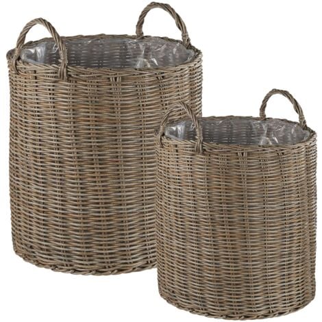Set di 2 Cestini per Piante Rotondi in Rattan Beige Sabbia con Manici Bitola