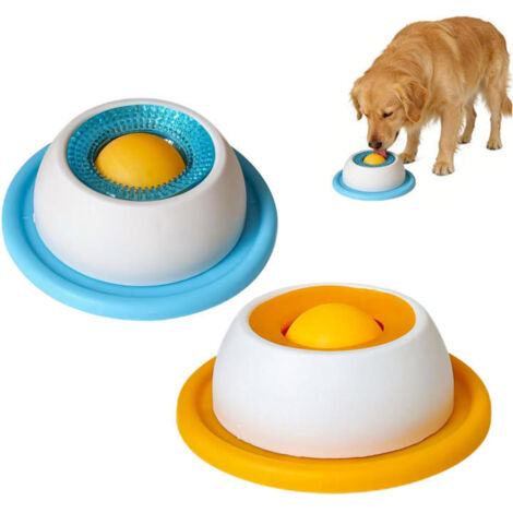 Set di 2 Ciotole per Animali Domestici: Ciotola Blu per Cani e Ciotola Gialla per Gatti, Slow Feeder con Palla Rotante Integrata e Tappetino Antiscivolo