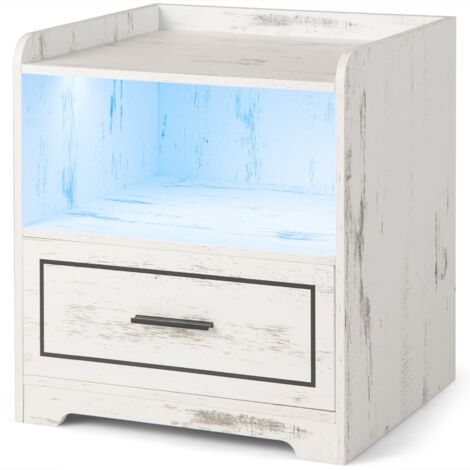 Set di 2 comodini a LED con 2 porte USB ripiano aperto e cassetto, Tavolini vintagi da divano Bianco
