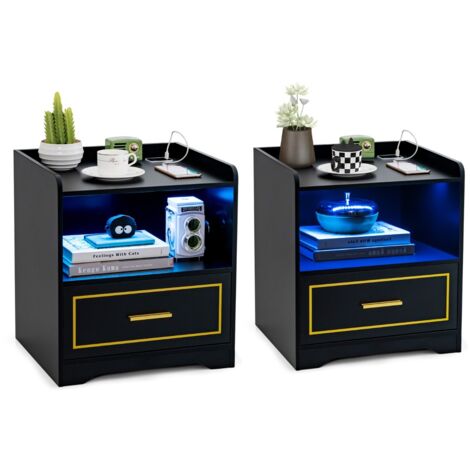 Set di 2 comodini a LED con 2 porte USB ripiano aperto e cassetto, Tavolini vintagi da divano Nero