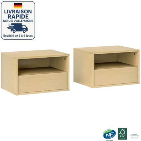 Set di 2 comodini da parete - set di 2 comodini - cassetto scorrevole, nicchia e vassoio - colore legno