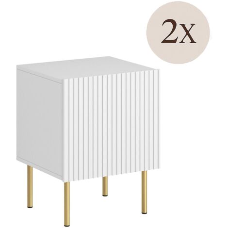 Set di 2 comodini Farini, Comò basso con anta battente e vano interno, Finitura effetto cannettato, 45x40 h51 cm, Bianco