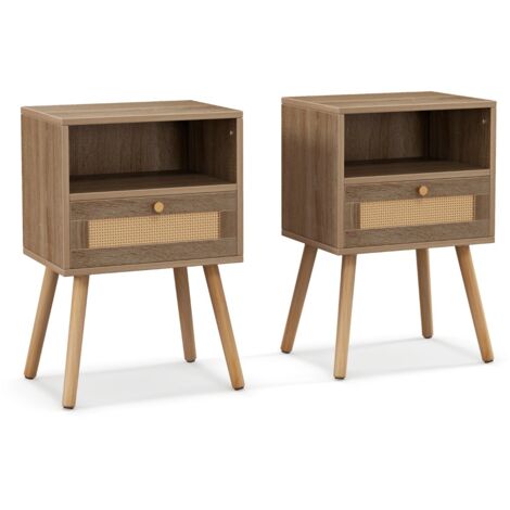 Set di 2 comodini in rattan con cassetto, Tavolini laterali stile boho da letto in legno per soggiorno Naturale