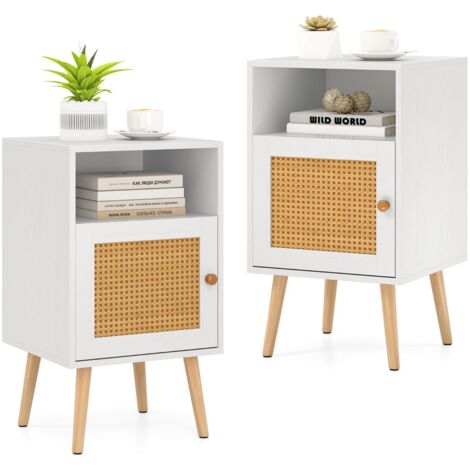 Set di 2 comodini in rattan con spazio di archiviazione, Tavolini con mensola aperta e porta decorata in rattan PE Bianco