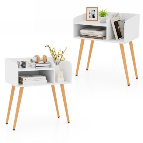 Set di 2 Comodini in stile moderno semplice ma pratico, Tavolini a 2 piani con mensole aperte Bianco + Naturale
