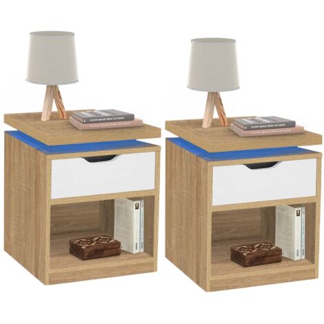 Set di 2 comodini LED LUNA a 1 cassetto con nicchia in faggio e bianco