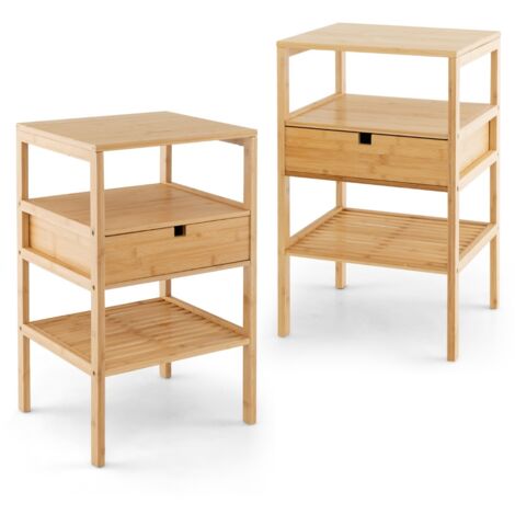 Set di 2 comodini multiuso in bambù con cassetto portaoggetti e scaffale a doghe, Tavolini moderno a 3 livelli Naturale