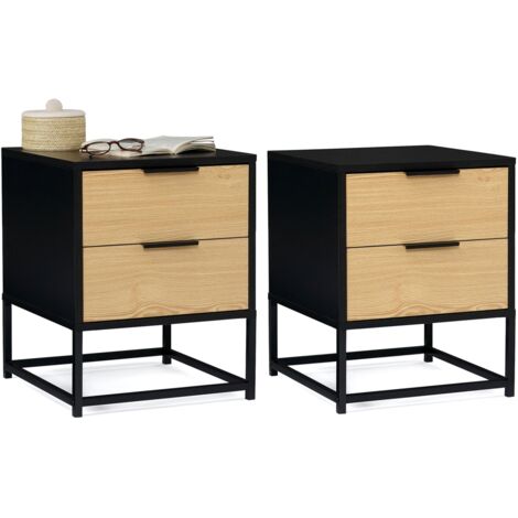 Set di 2 comodini NEVADA, 2 cassetti, design industriale, nero e legno