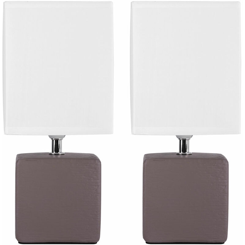 Image of Set di 2 lampade da tavolo lampade da comodino in ceramica marrone con paralume in tessuto bianco, 1x E14 led 4 watt 320 lumen, LxPxH 13x11x29cm,