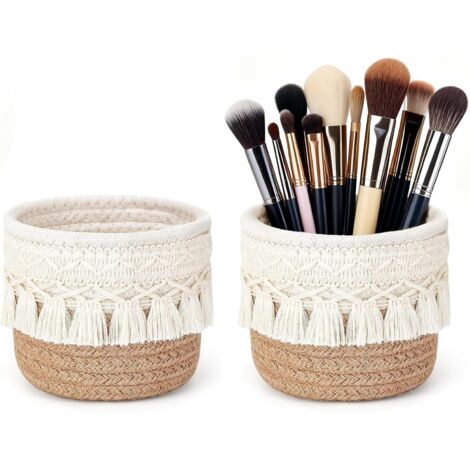 Set di 2 contenitori per pennelli da trucco, mini cestino intrecciato da 10 x 10 cm con nappe, porta pennelli da trucco in stile bohémien, organizer da toeletta per pettini e matite