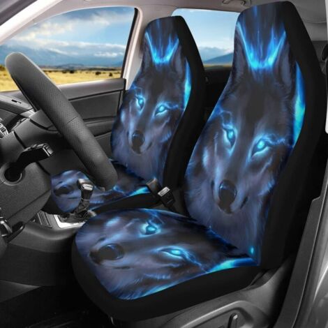 Set di 2 coprisedili per auto con stampa di lupo blu neon, per uomo e donna, accessorio universale per la decorazione degli interni con stampa di lupo per i sedili anteriori del veicolo, taglia unica.