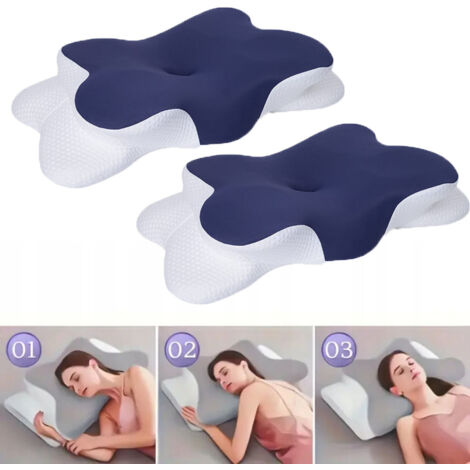 Set di 2 cuscini cervicali ergonomici in memory foam per alleviare il dolore al collo, con federa. Blu navy. 1250 g