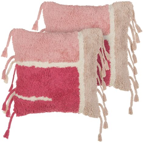 Set di 2 cuscini decorativi in cotone con frange in stile Boho 45 x 45 cm Rosa Bistorta