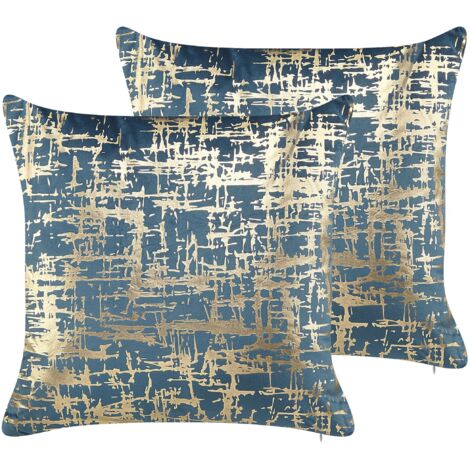 Set di 2 cuscini decorativi moderni a fantasia blu e dorato 45 x 45 cm Gardenia