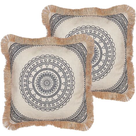 Set di 2 cuscini in tessuto di poliestere beige e nero 45 x 45 cm fodera con nappe AGRIMONY
