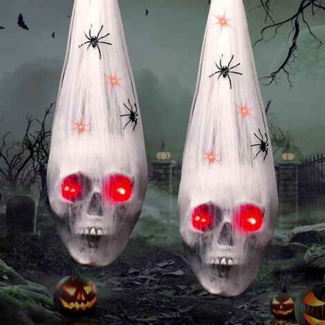 Set di 2 decorazioni a forma di teschio da appendere per Halloween, ideale per esterni: teschio da esterno con 2 ragni, inquietante decorazione a LED con occhi rossi per giardino e casa stregata, perf