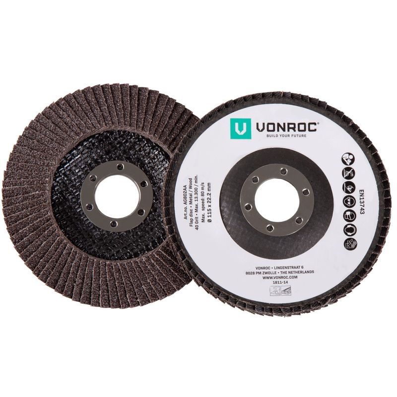 Image of Set di 2 dischi abrasivi lamellari universali, G40 e G60, Diametro ø 115 x 22,2 mm. Per smerigliatrici angolari - Vonroc