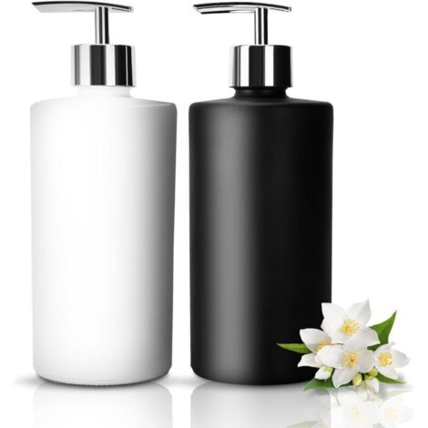 Set di 2 dispenser di sapone in vetro, 450 ml, nero opaco e bianco, con pompa in acciaio inox, ricaricabili, per cucina e bagno.